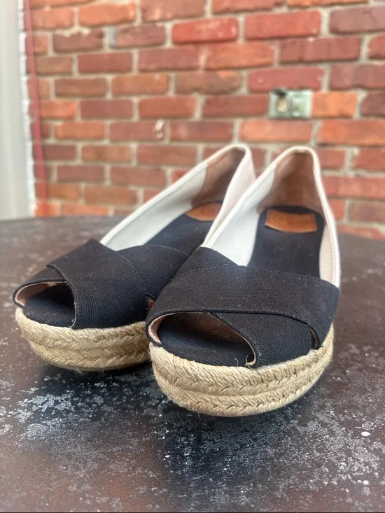 Tory Burch Women’s Black Espadrille Platform Peep-Toe Wedges size 9.5 - Picture 2 of 8